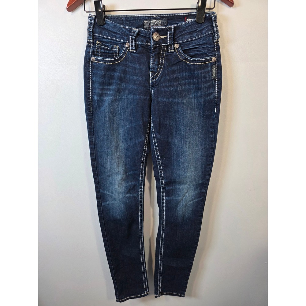 Silver Jeans Co Suki Mid Skinny Dark Wash Contrast Stitch Jeans W26